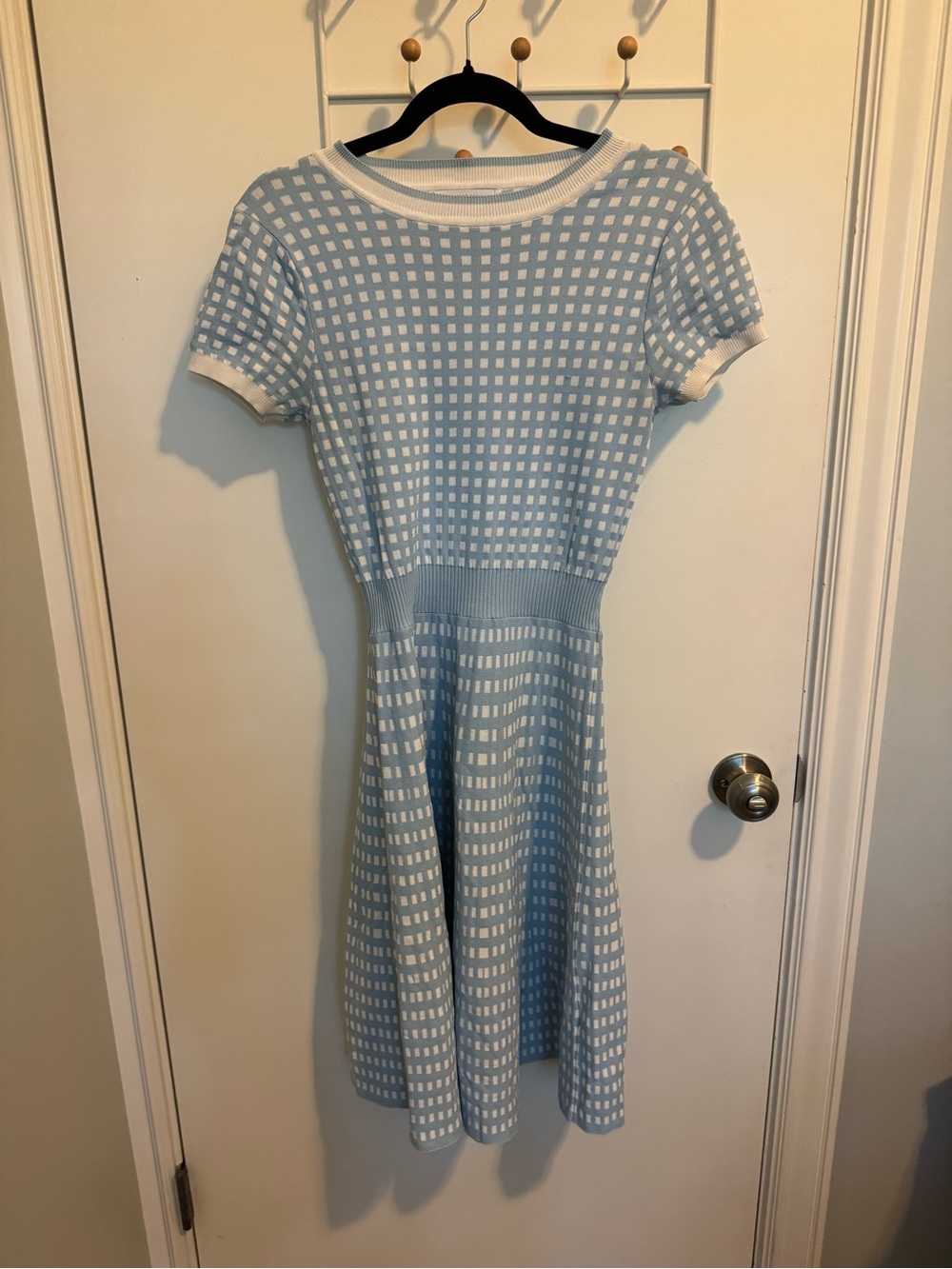 Light Blue and White Knit Fit-and-Flare Dress